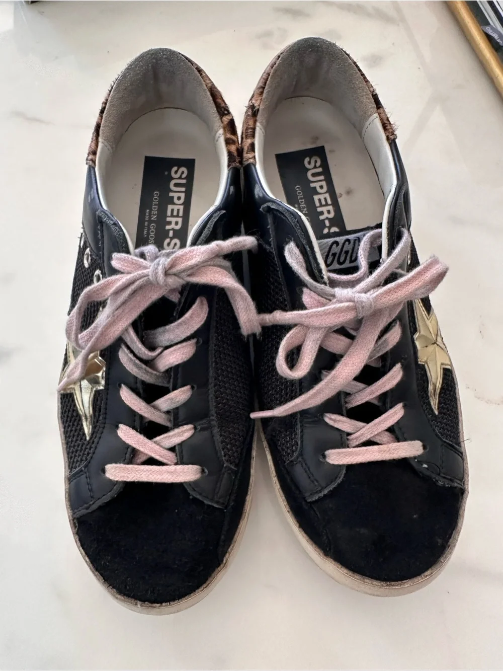 Golden Goose Superstar black leather and mesh upper golf star leopard back size